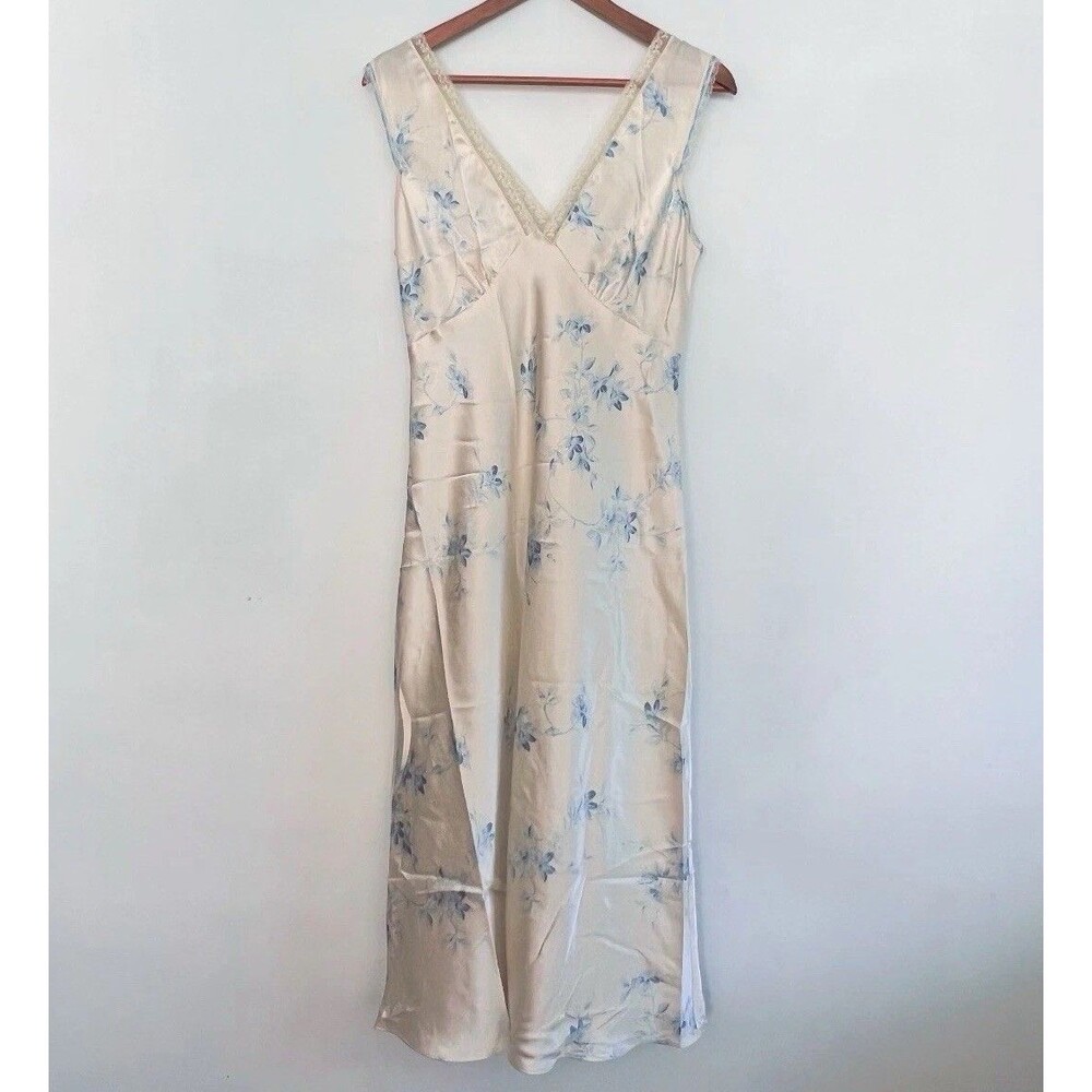 Y2K Jones New York Satin Slip Dress Cream Blue Floral Lace Ribbon Women’s M